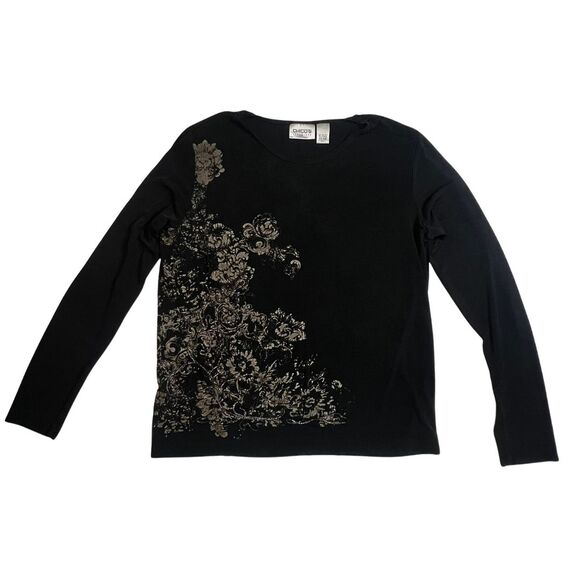 Chicos Blouse Size 1 Long Sleeve Black Floral Chain Gothic Casual Workwear Top - Picture 5 of 12